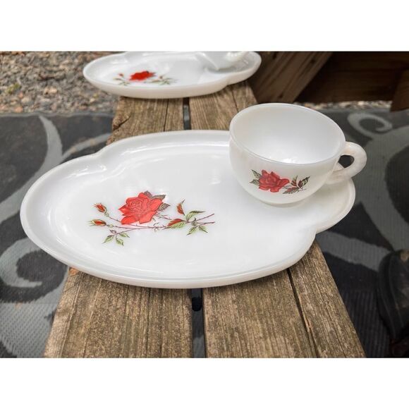 None Other - Vintage cup and plate white milk glass red rose